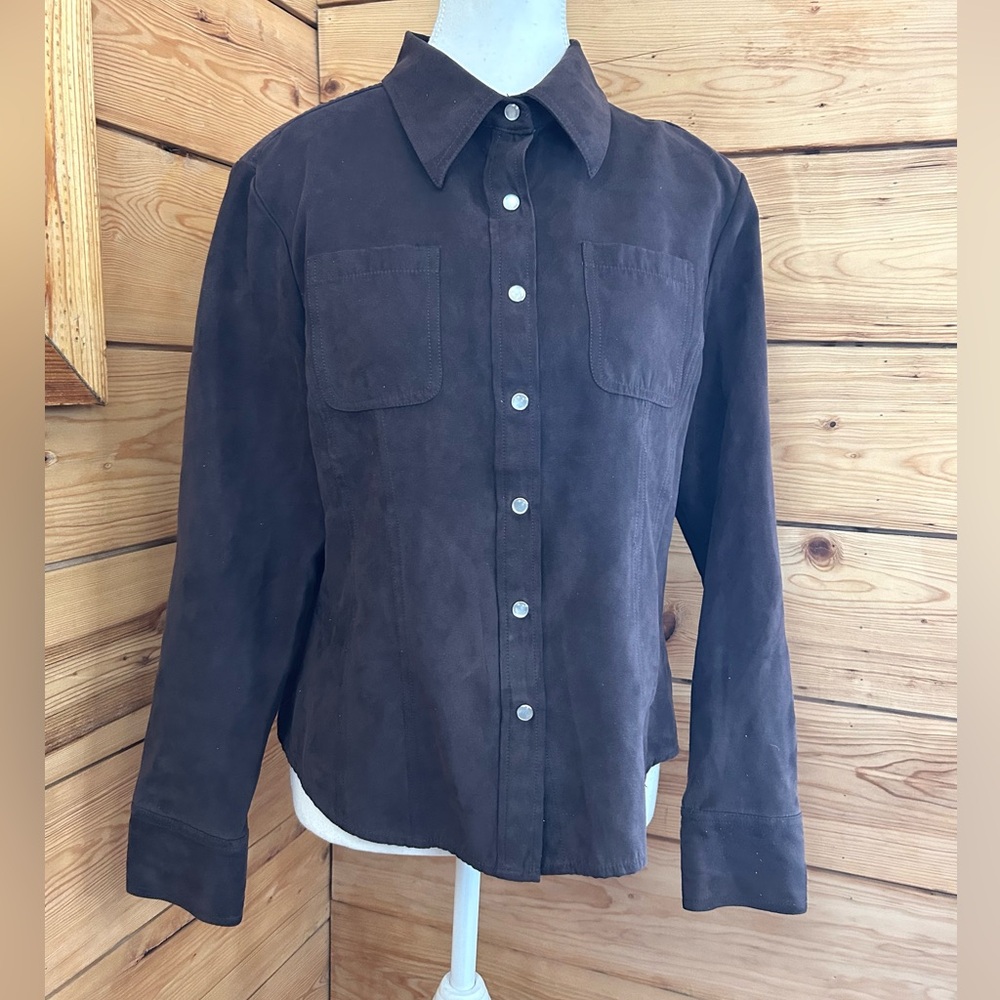 Nicole Benisti Point Zero‎ Chocolate Brown Faux Suede Shirt Pearl Snap Button Up